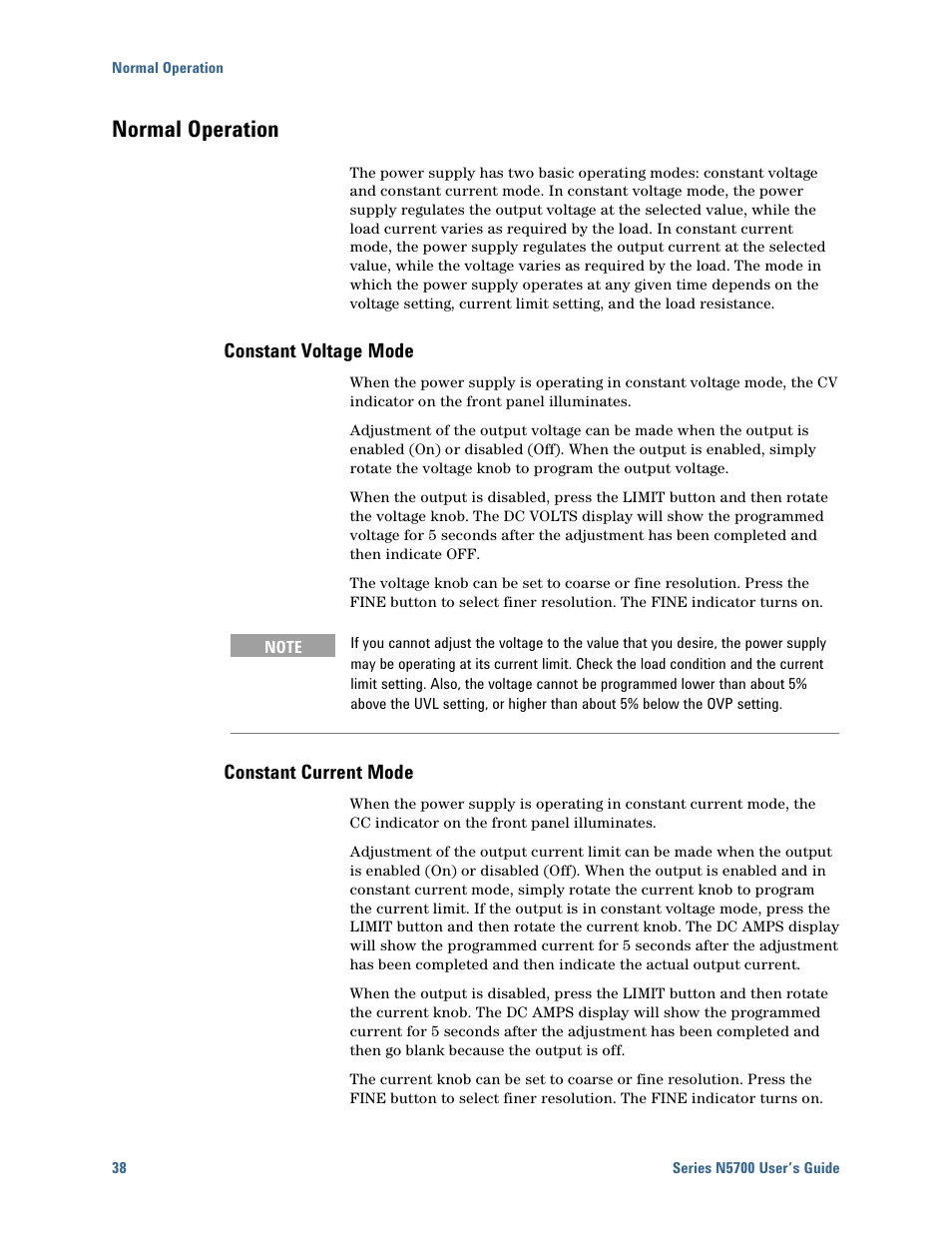 Normal operation, Constant voltage mode, Constant current mode | Normal operation 38 | Agilent Technologies N5700 User Manual | Page 38 / 128