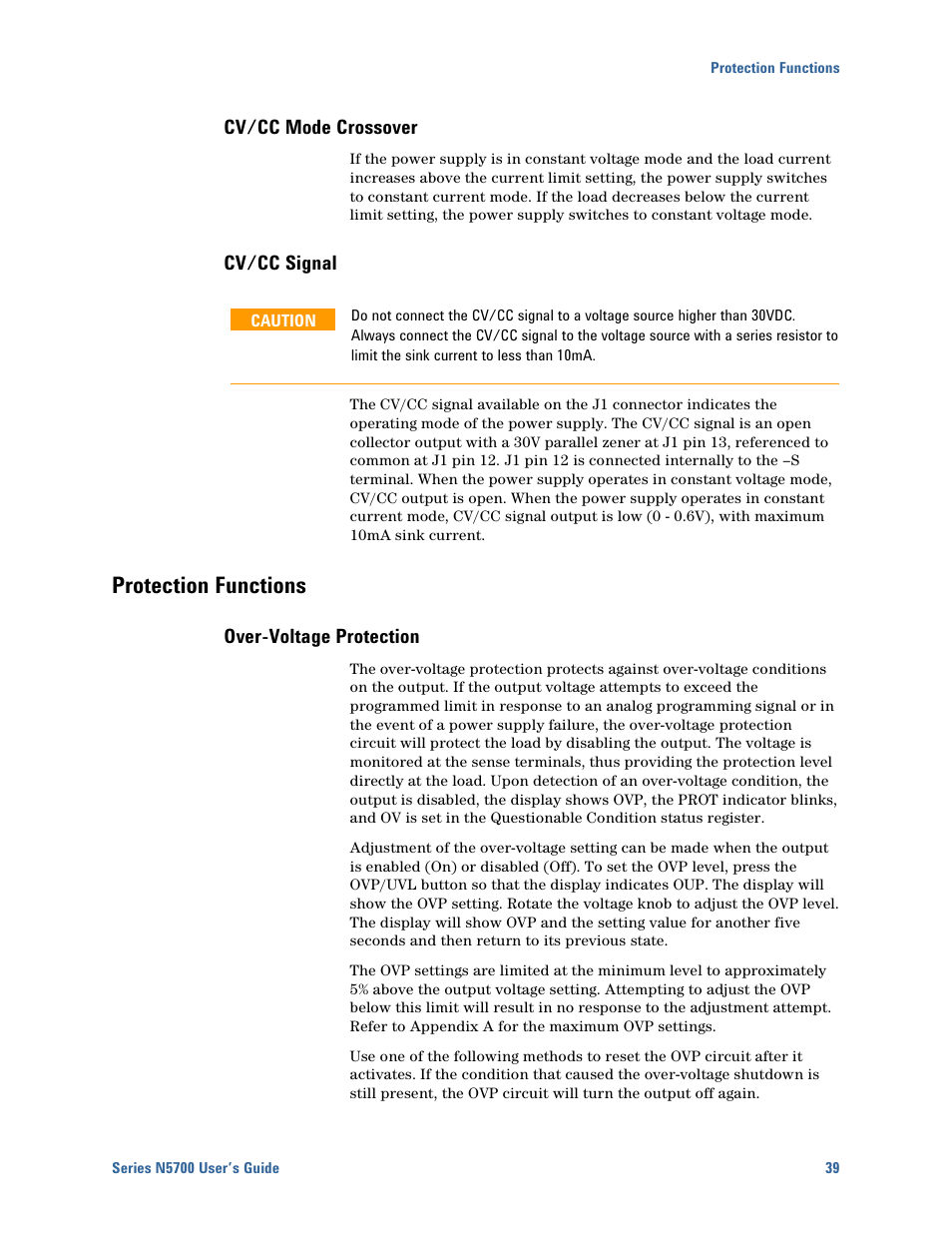 Cv/cc mode crossover, Cv/cc signal, Protection functions | Over-voltage protection, Protection functions 39 | Agilent Technologies N5700 User Manual | Page 39 / 128