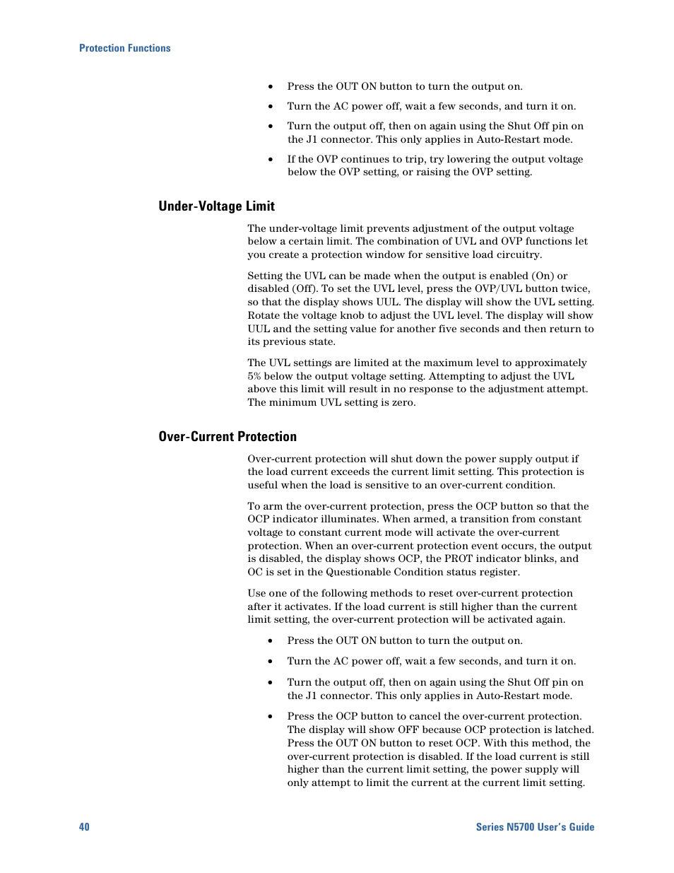 Under-voltage limit, Over-current protection | Agilent Technologies N5700 User Manual | Page 40 / 128