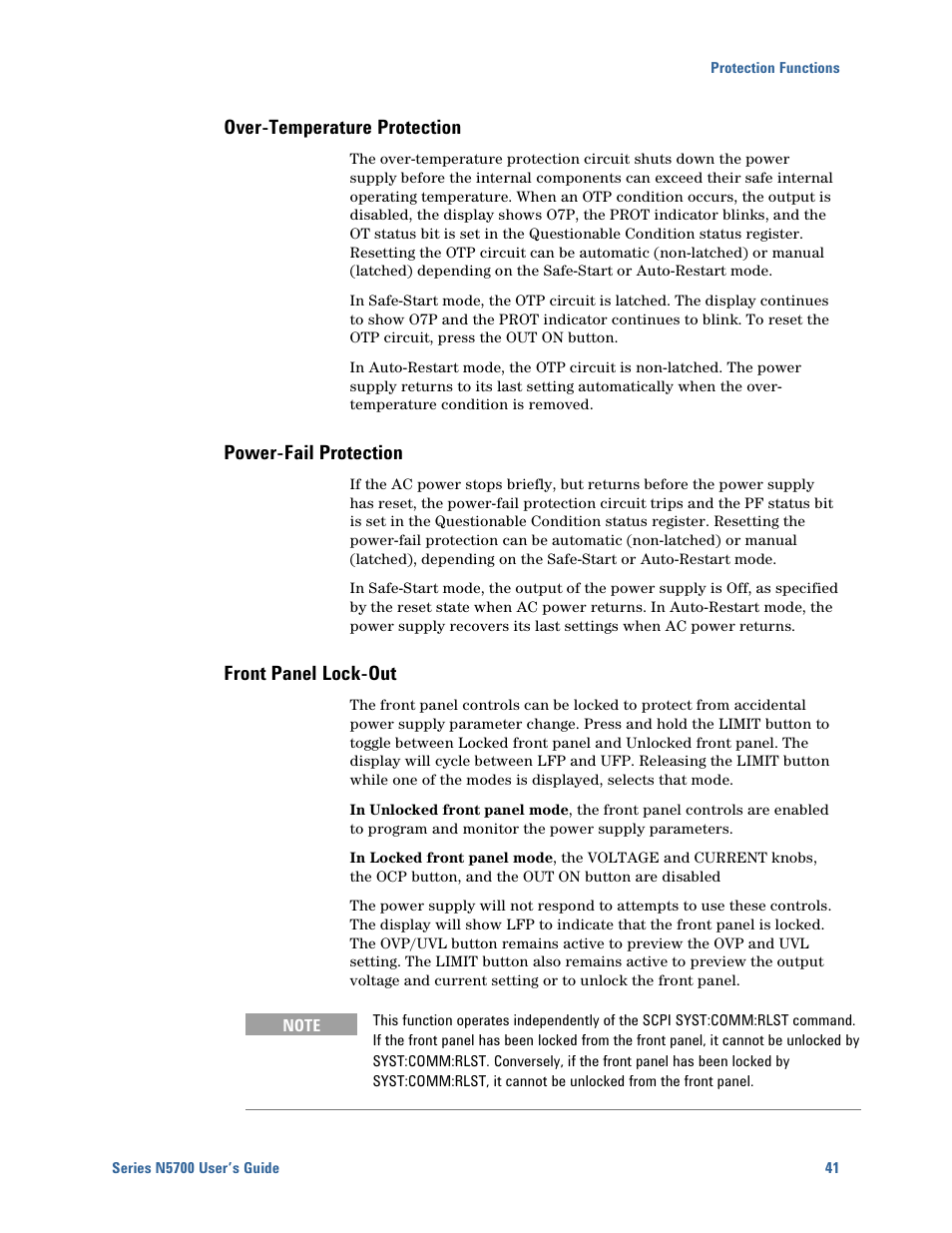 Over-temperature protection, Power-fail protection, Front panel lock-out | Agilent Technologies N5700 User Manual | Page 41 / 128