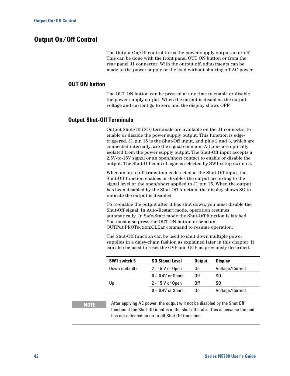 Output on/off control, Out on button, Output shut-off terminals | Output on/off control 42 | Agilent Technologies N5700 User Manual | Page 42 / 128