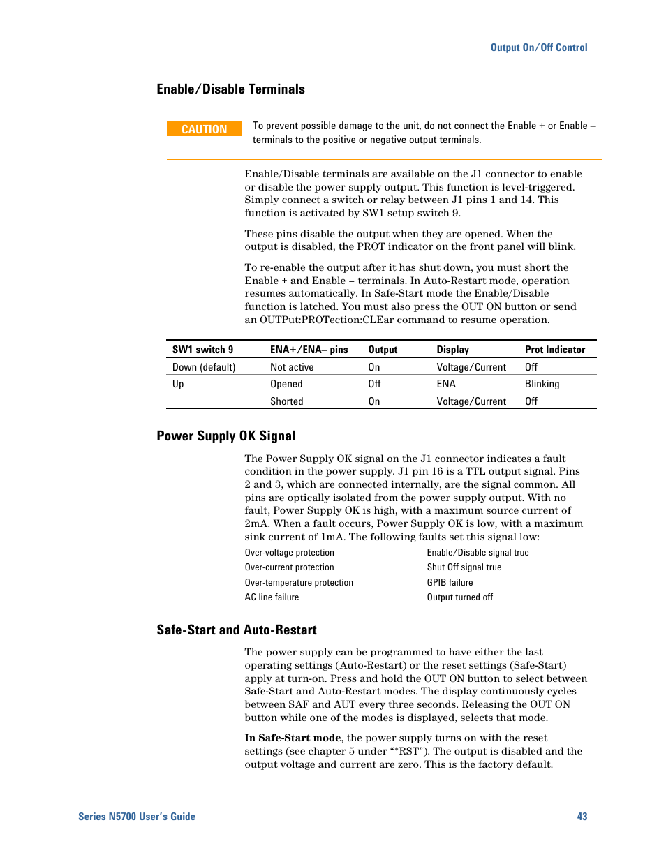 Enable/disable terminals, Power supply ok signal, Safe-start and auto-restart | Agilent Technologies N5700 User Manual | Page 43 / 128