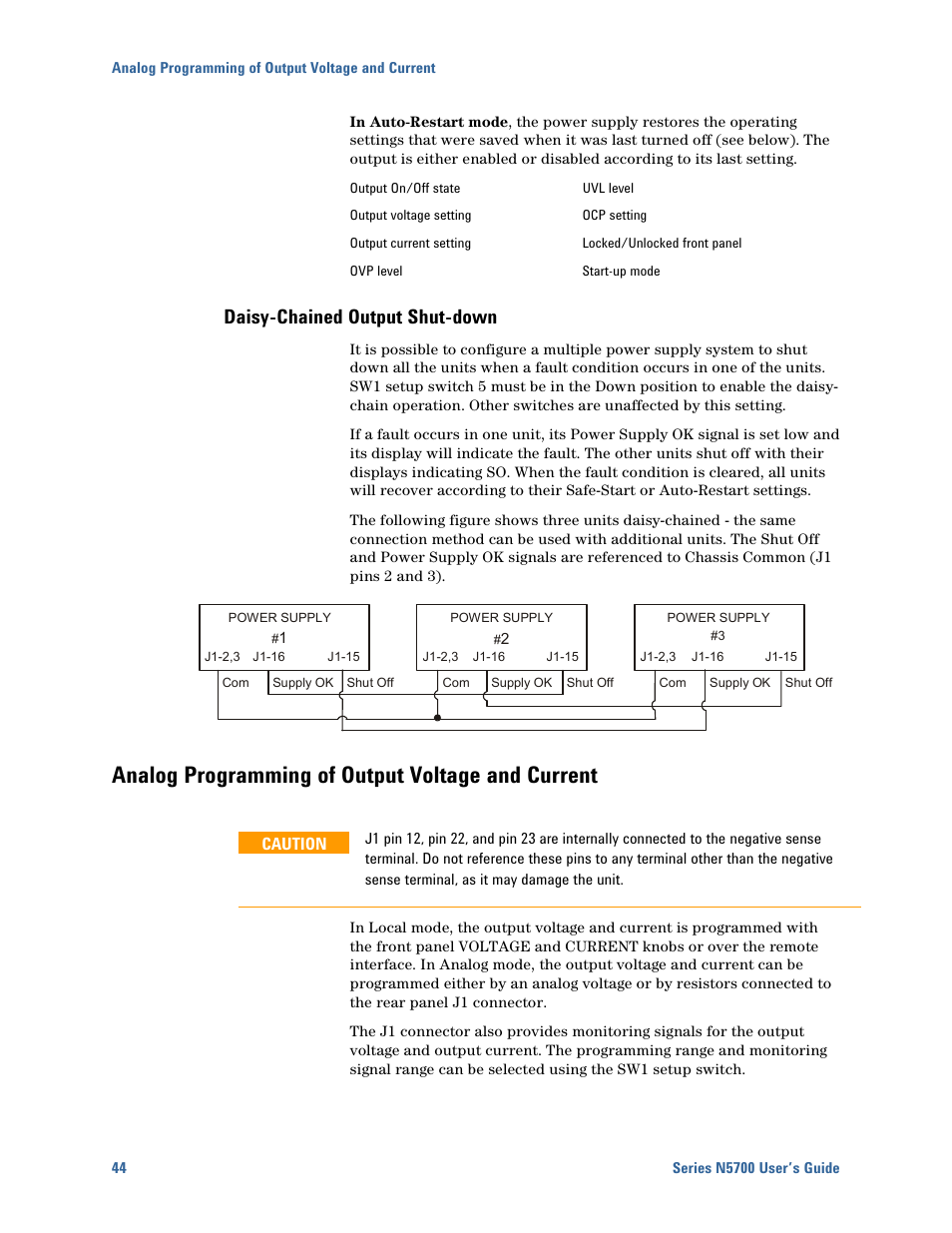 Daisy-chained output shut-down, Analog programming of output voltage and current | Agilent Technologies N5700 User Manual | Page 44 / 128