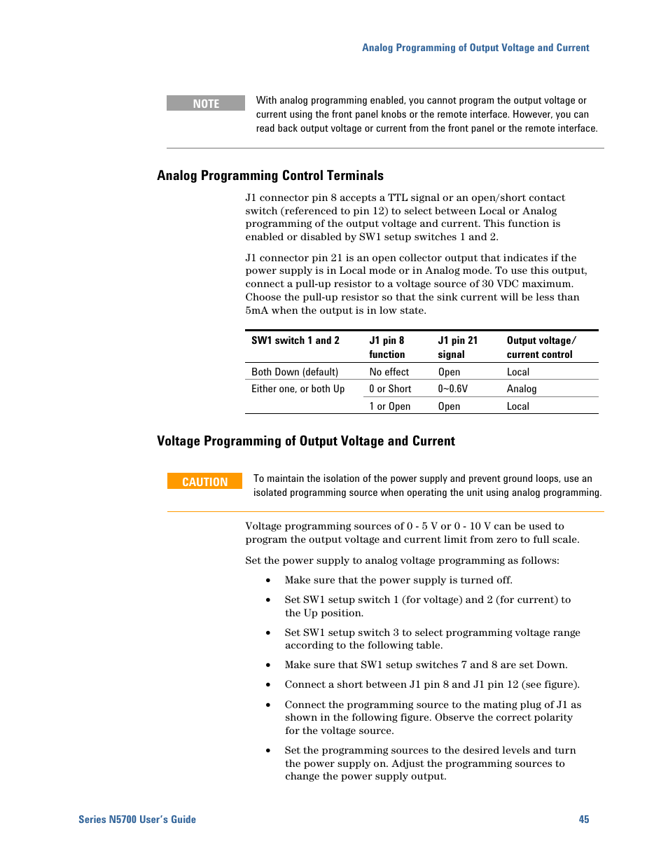 Analog programming control terminals, Voltage programming of output voltage and current | Agilent Technologies N5700 User Manual | Page 45 / 128