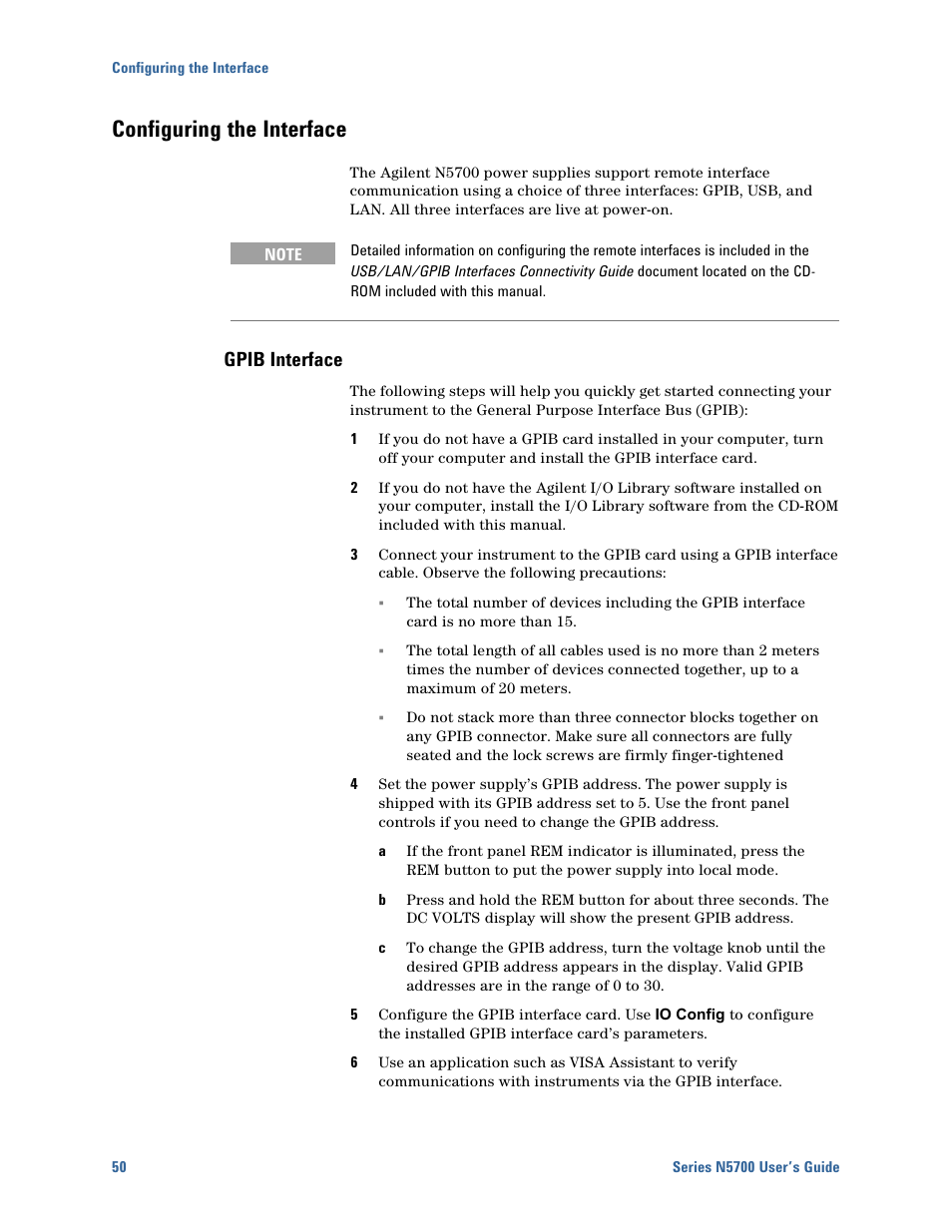 Configuring the interface, Gpib interface, Configuring the interface 50 | Agilent Technologies N5700 User Manual | Page 50 / 128