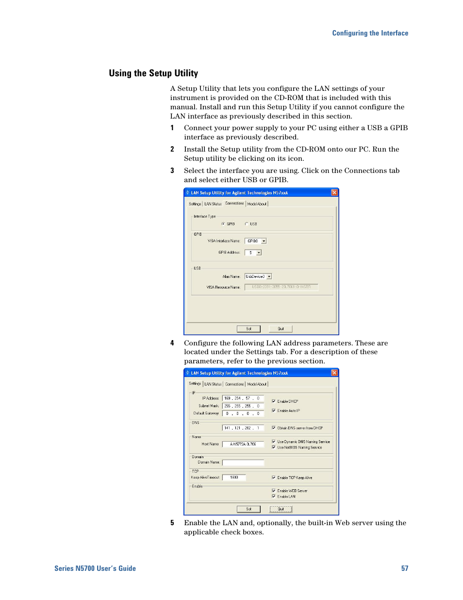 Using the setup utility | Agilent Technologies N5700 User Manual | Page 57 / 128
