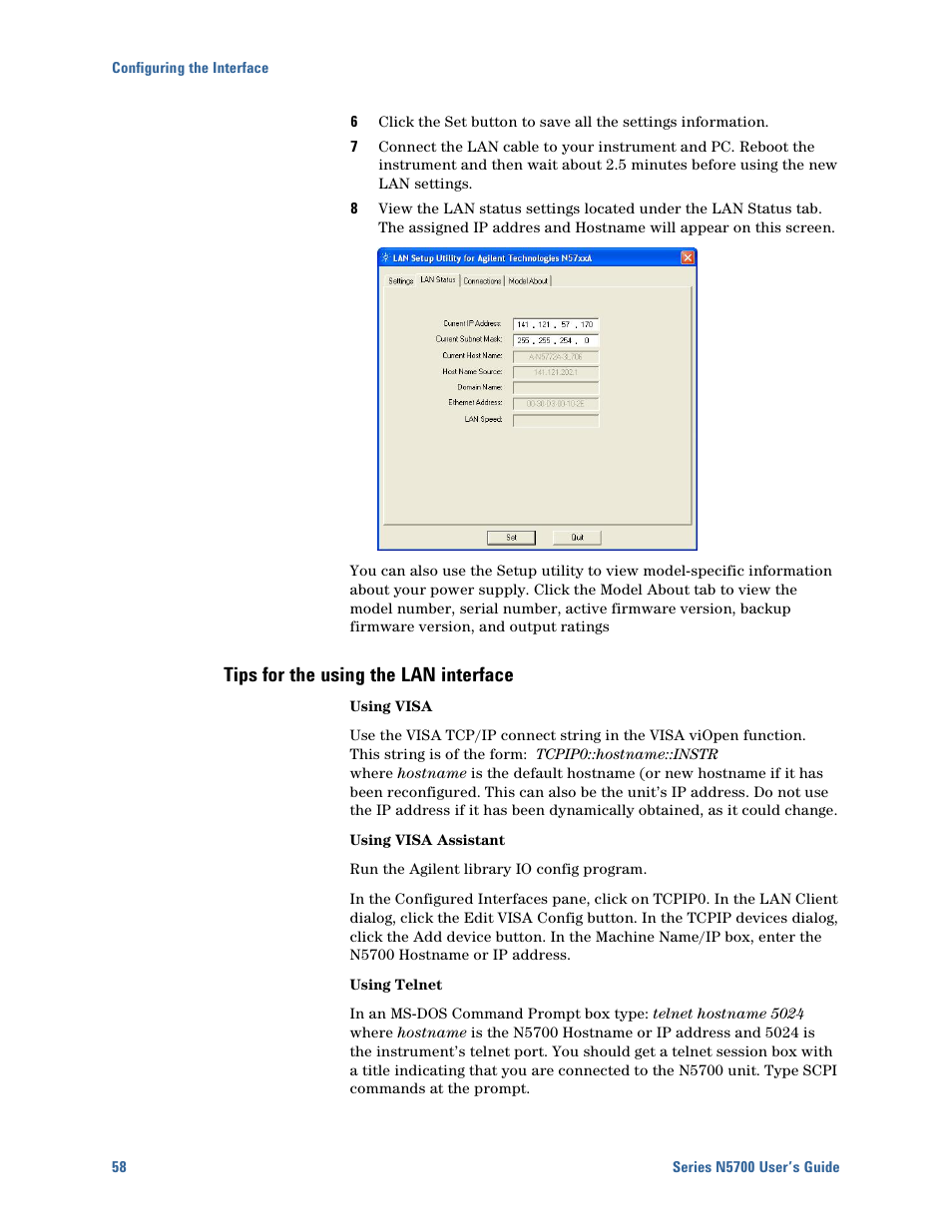 Tips for the using the lan interface | Agilent Technologies N5700 User Manual | Page 58 / 128