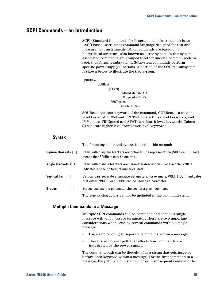 Scpi commands – an introduction, Syntax, Multiple commands in a message | Scpi commands – an introduction 59 | Agilent Technologies N5700 User Manual | Page 59 / 128