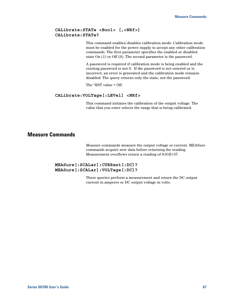 Calibrate:state <bool> [,<nrf>] calibrate:state, Calibrate:voltage[:level] <nrf, Measure commands | Measure commands 67 | Agilent Technologies N5700 User Manual | Page 67 / 128