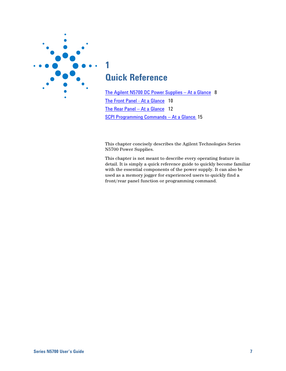 1 quick reference, 1 quick reference 7 | Agilent Technologies N5700 User Manual | Page 7 / 128