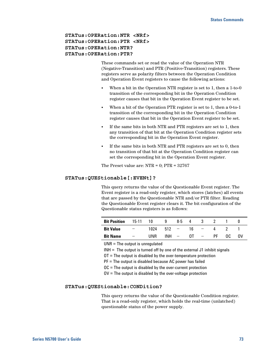 Status:questionable[:event, Status:questionable:condition | Agilent Technologies N5700 User Manual | Page 73 / 128