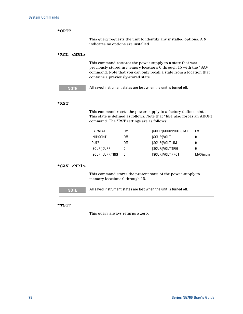 Rcl <nr1, Sav <nr1 | Agilent Technologies N5700 User Manual | Page 78 / 128