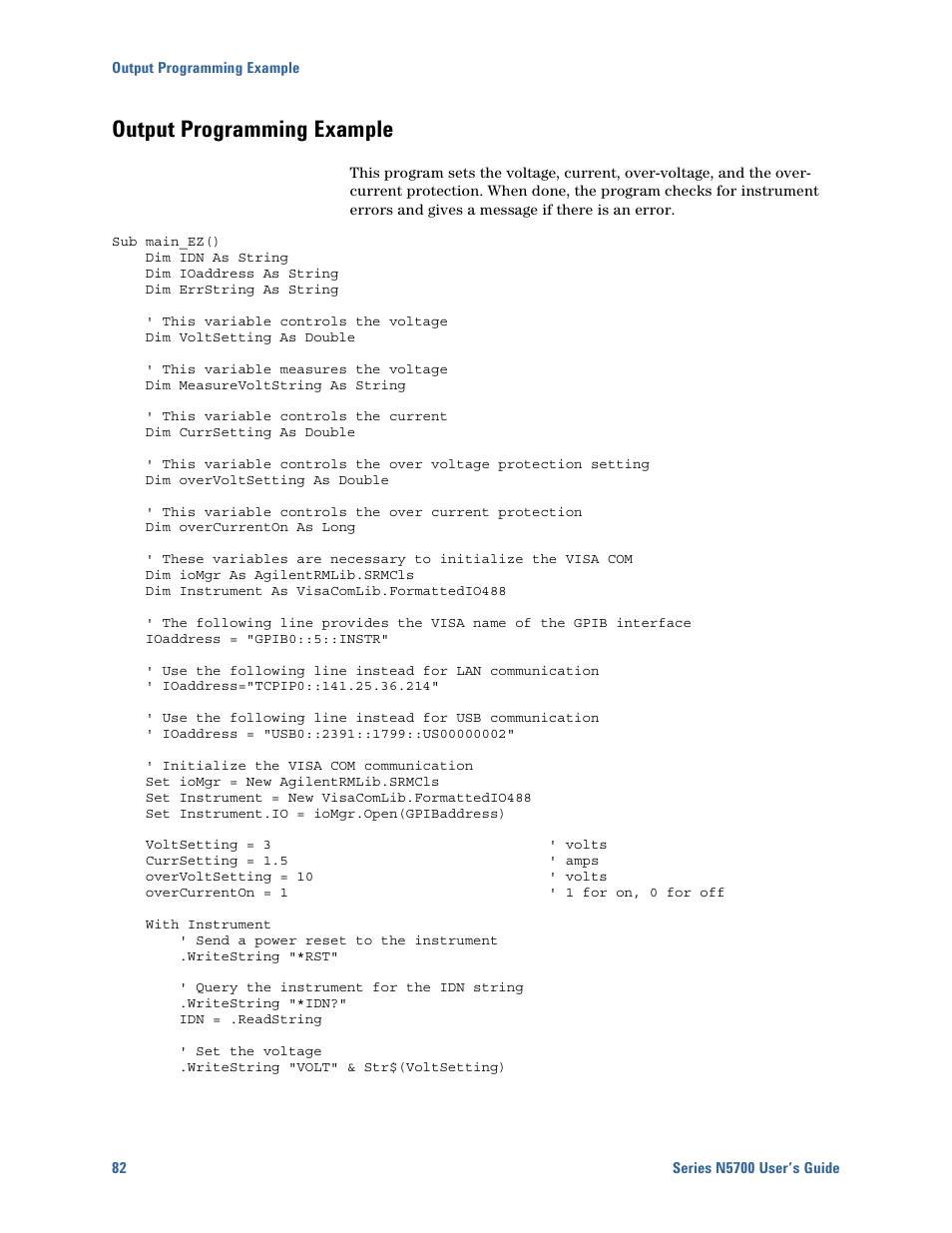 Output programming example, Output programming example 82 | Agilent Technologies N5700 User Manual | Page 82 / 128