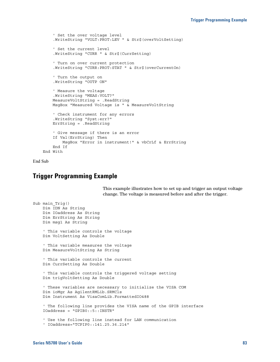 Trigger programming example, Trigger programming example 83 | Agilent Technologies N5700 User Manual | Page 83 / 128
