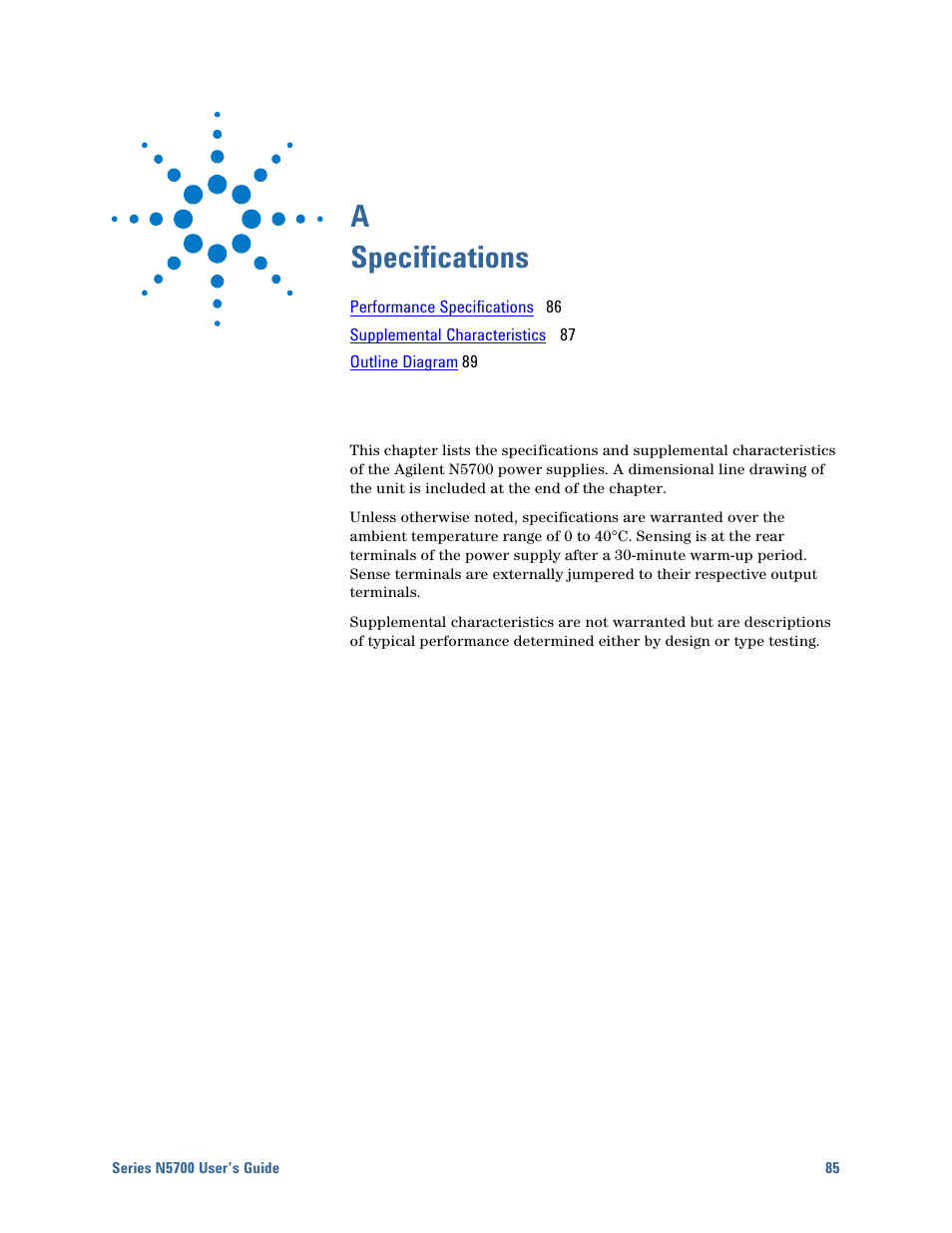 A specifications, A specifications 85 | Agilent Technologies N5700 User Manual | Page 85 / 128