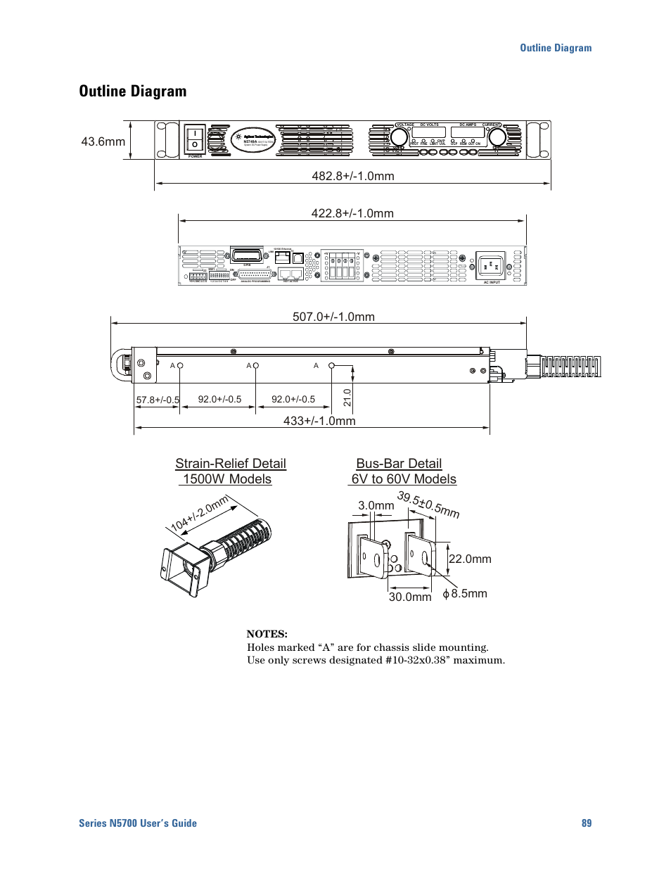 Outline diagram, Outline diagram 89, Bus-bar detail 6v to 60v models | Strain-relief detail 1500w models, 8+/-1.0mm | Agilent Technologies N5700 User Manual | Page 89 / 128