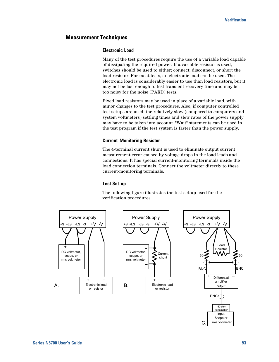 Measurement techniques, Electronic load, Current-monitoring resistor | Test set-up | Agilent Technologies N5700 User Manual | Page 93 / 128