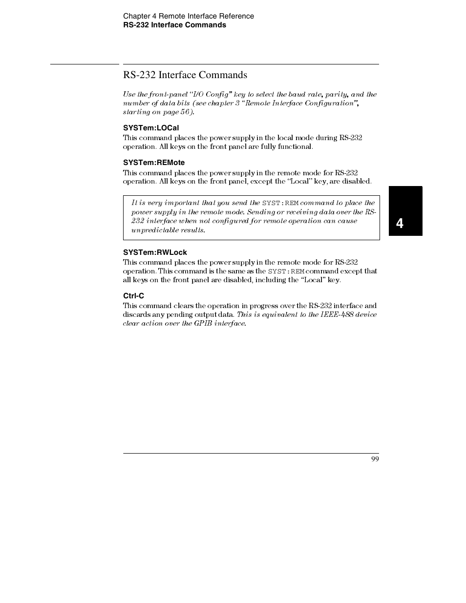 Rs-232 interface commands, System:local, System:remote | System:rwlock, Ctrl-c, Rs-232 interface commands 99 | Agilent Technologies E3632A User Manual | Page 102 / 172