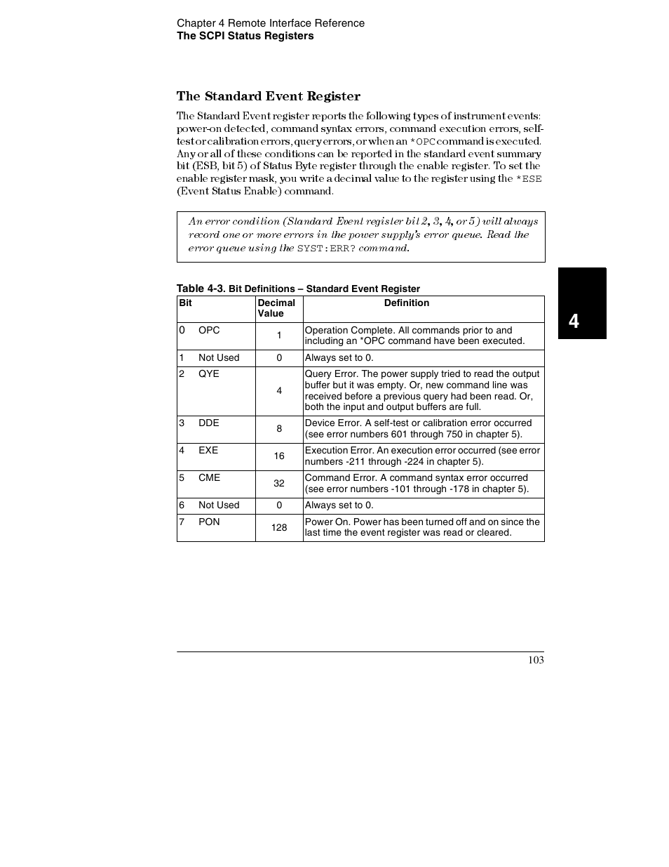 The standard event register 103, The standard event register, Command | Event status enable) command | Agilent Technologies E3632A User Manual | Page 106 / 172