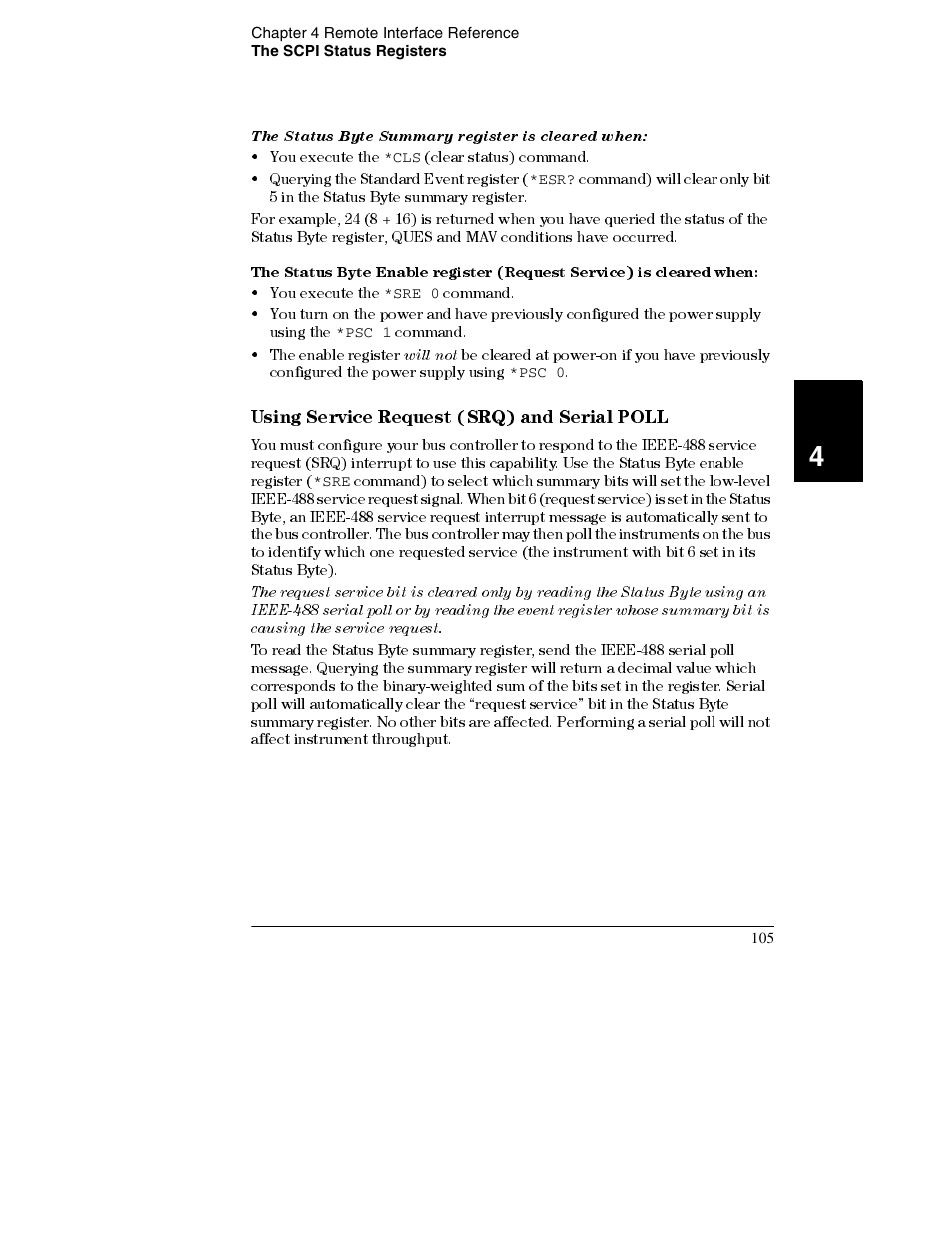 The status byte summary register is cleared when, Using service request (srq) and serial poll 105, Using service request (srq) and serial poll | Agilent Technologies E3632A User Manual | Page 108 / 172