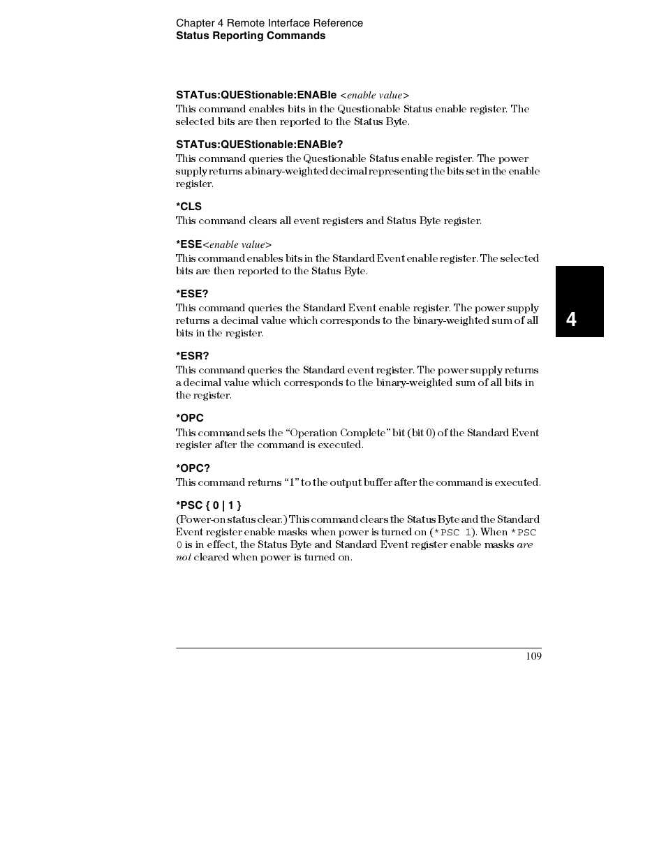Status:questionable:enable <enable value, Status:questionable:enable, Ese<enable value | Psc { 0 | 1 | Agilent Technologies E3632A User Manual | Page 112 / 172