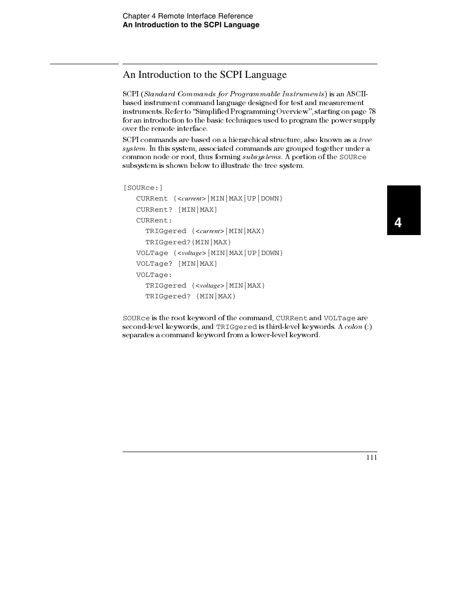 An introduction to the scpi language, An introduction to the scpi language 111, Standard commands for programmable instruments | Tree system, Subsystems, Colon | Agilent Technologies E3632A User Manual | Page 114 / 172