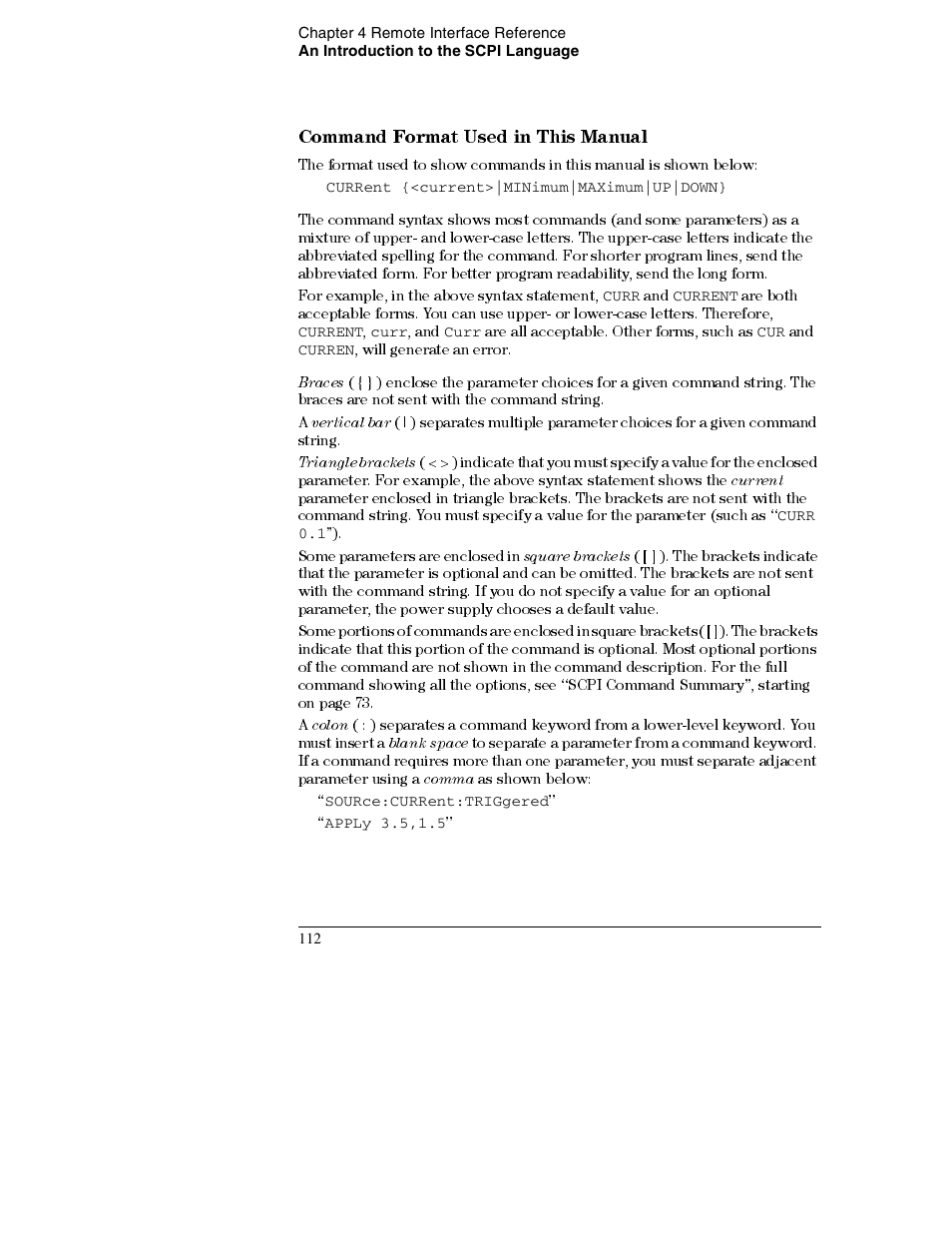 Command format used in this manual 112, Command format used in this manual | Agilent Technologies E3632A User Manual | Page 115 / 172