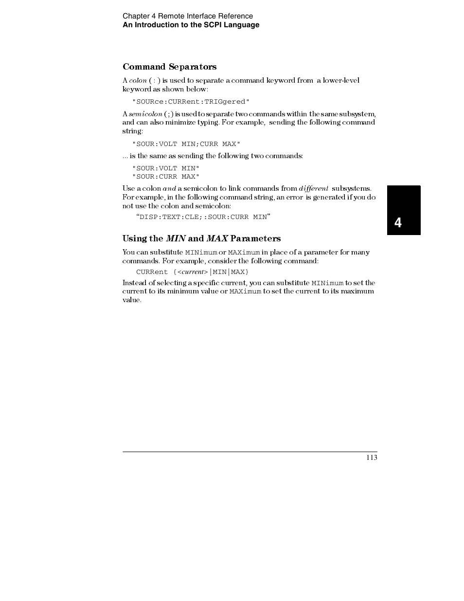 Command separators 113, Using the, Command separators | Parameters | Agilent Technologies E3632A User Manual | Page 116 / 172