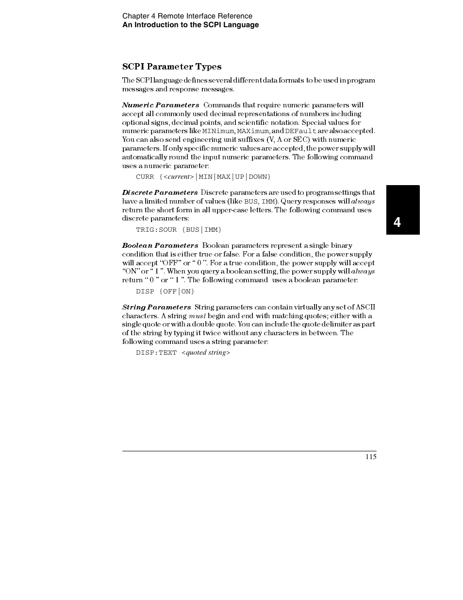 Scpi parameter types 115, Scpi parameter types | Agilent Technologies E3632A User Manual | Page 118 / 172