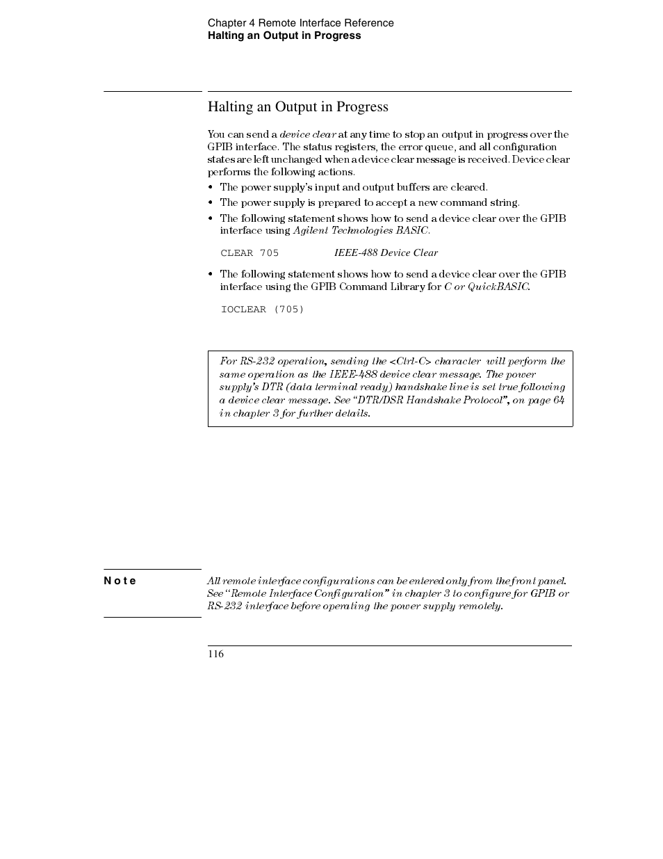 Halting an output in progress, Note, Halting an output in progress 116 | Agilent Technologies E3632A User Manual | Page 119 / 172