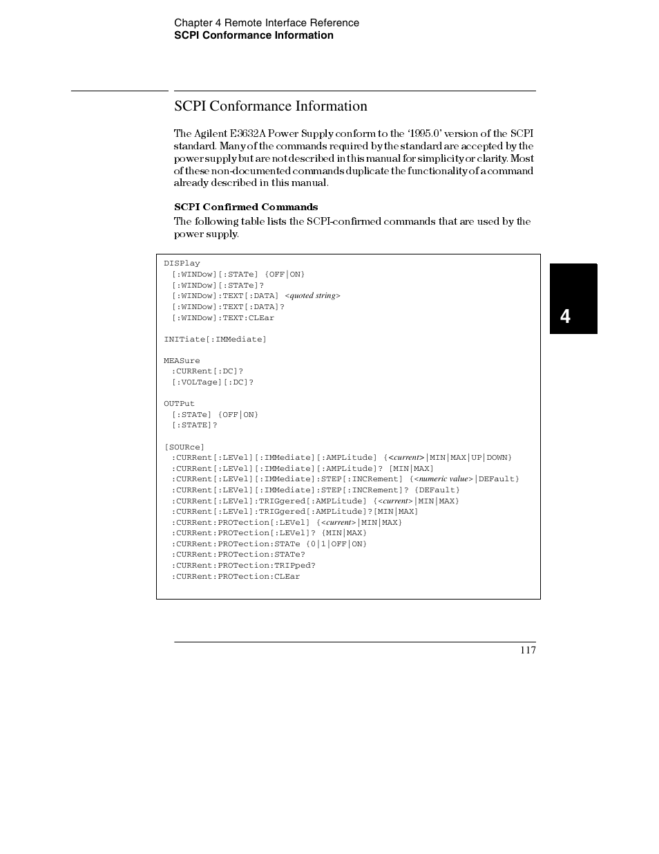Scpi conformance information, Scpi confirmed commands, Scpi conformance information 117 | Agilent Technologies E3632A User Manual | Page 120 / 172