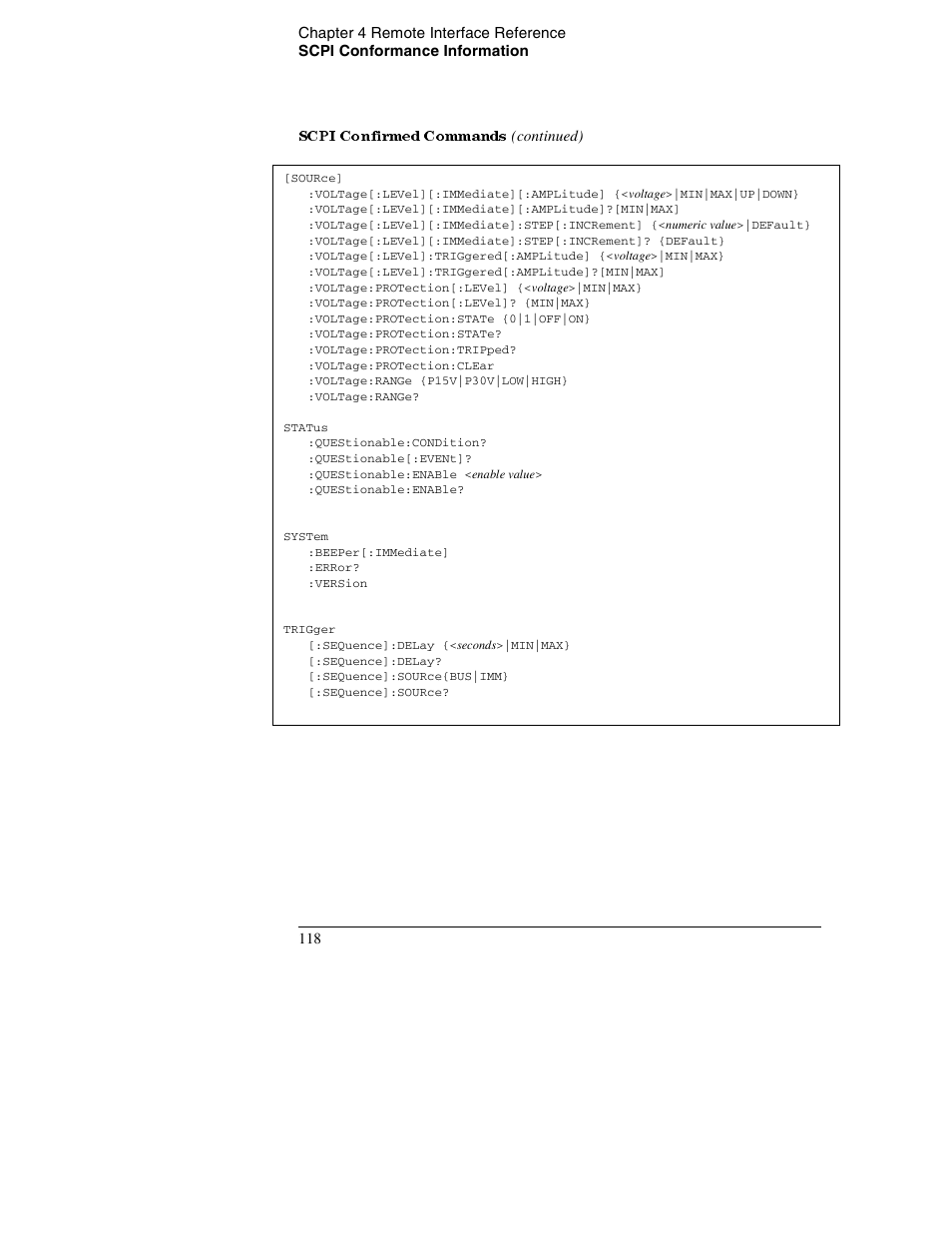 Scpi confirmed commands (continued), Scpi confirmed commands | Agilent Technologies E3632A User Manual | Page 121 / 172