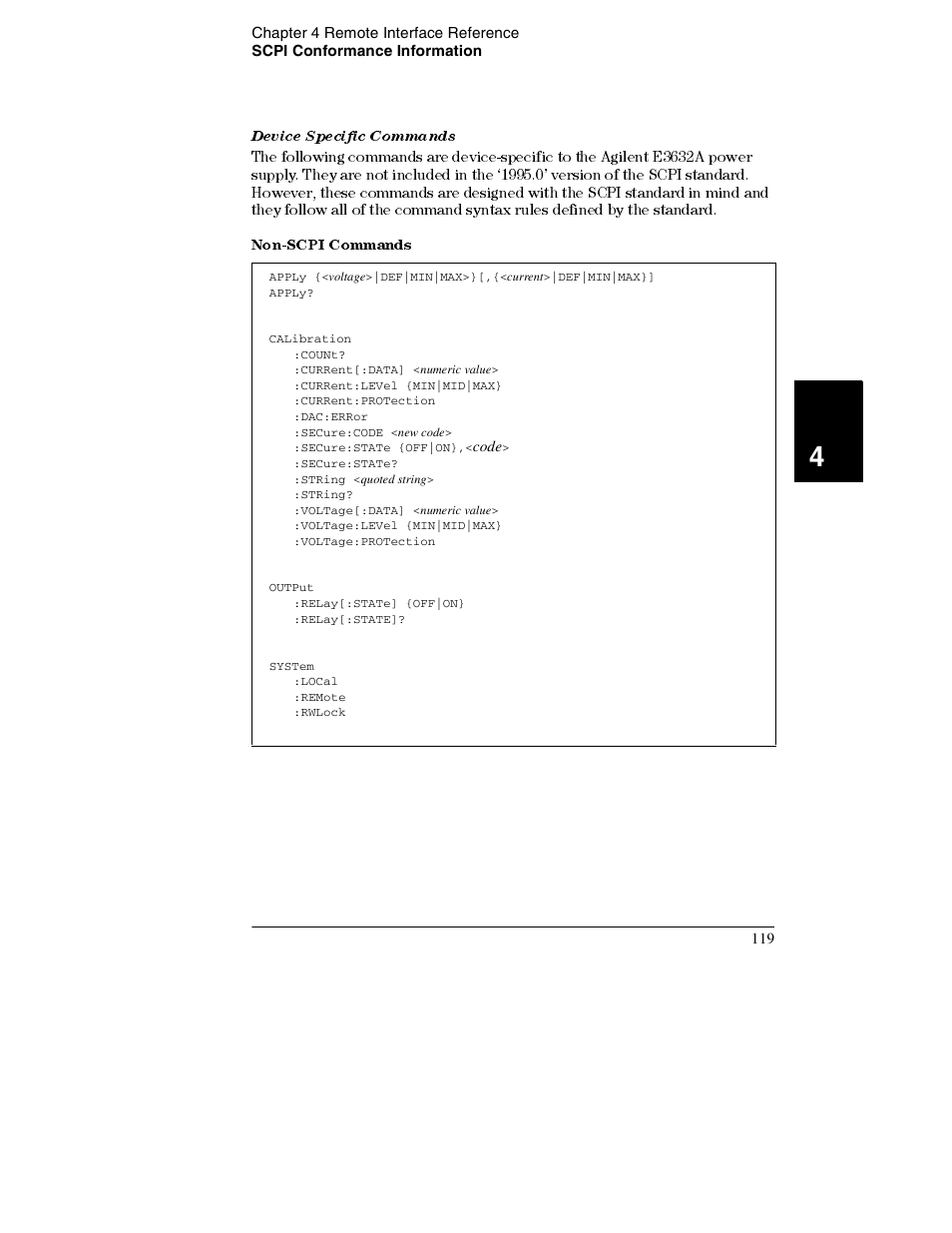 Device specific commands, Non-scpi commands | Agilent Technologies E3632A User Manual | Page 122 / 172