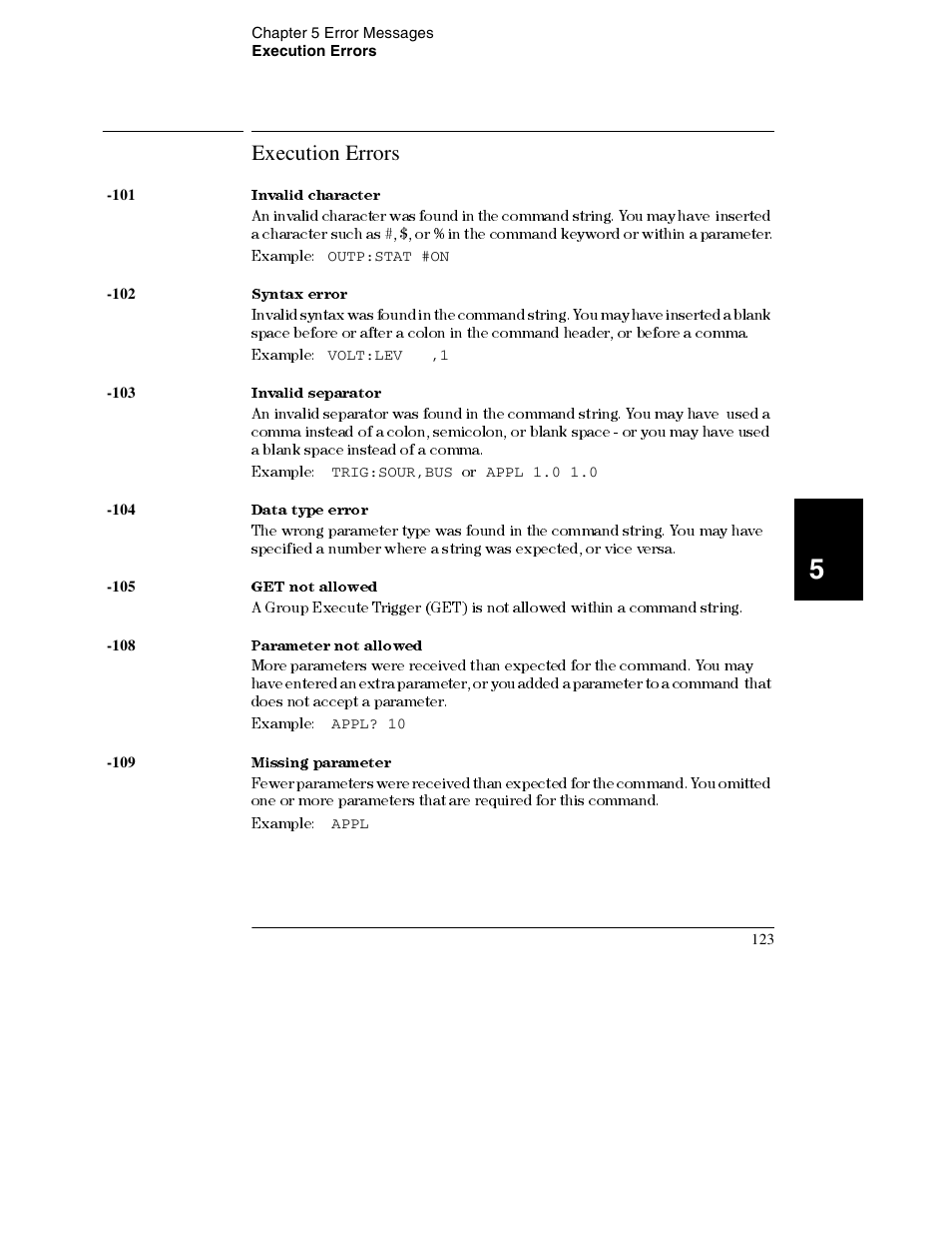 Execution errors, Execution errors 123 | Agilent Technologies E3632A User Manual | Page 126 / 172