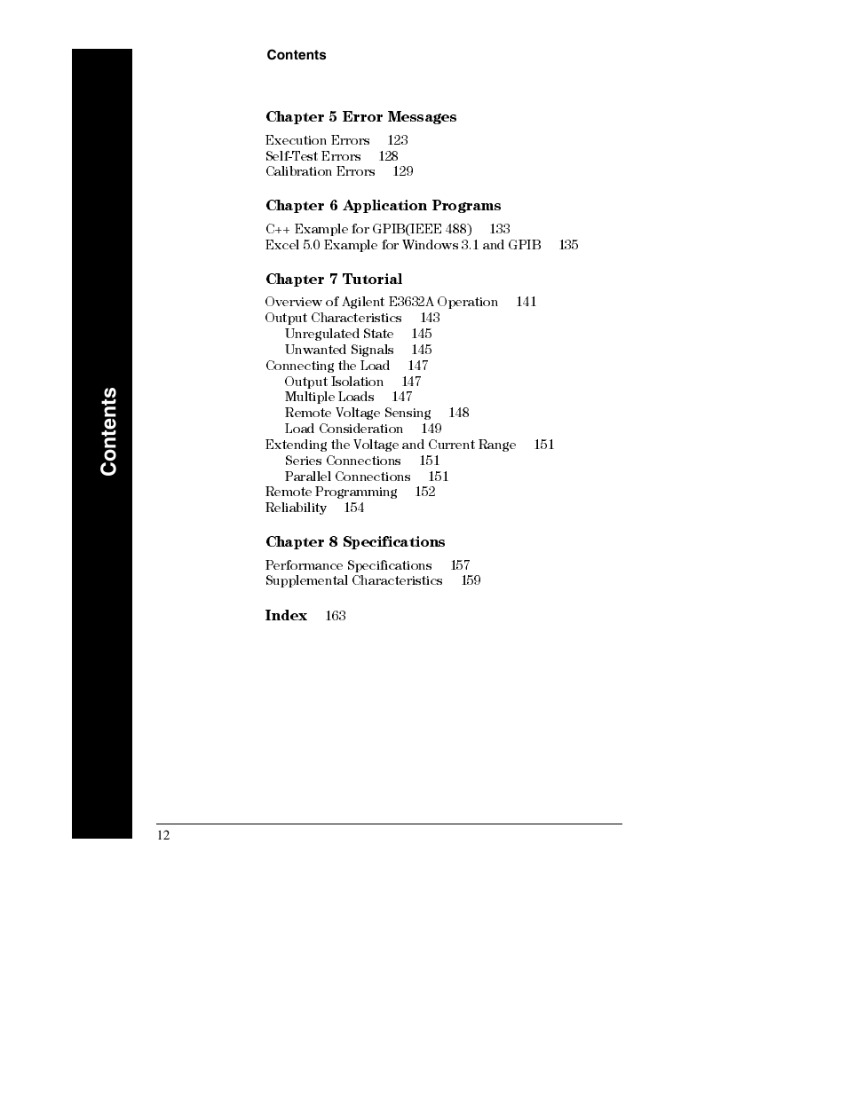 Chapter 5 error messages, Chapter 6 application programs, Chapter 7 tutorial | Chapter 8 specifications, Index 163, Declaration of conformity 167 | Agilent Technologies E3632A User Manual | Page 13 / 172