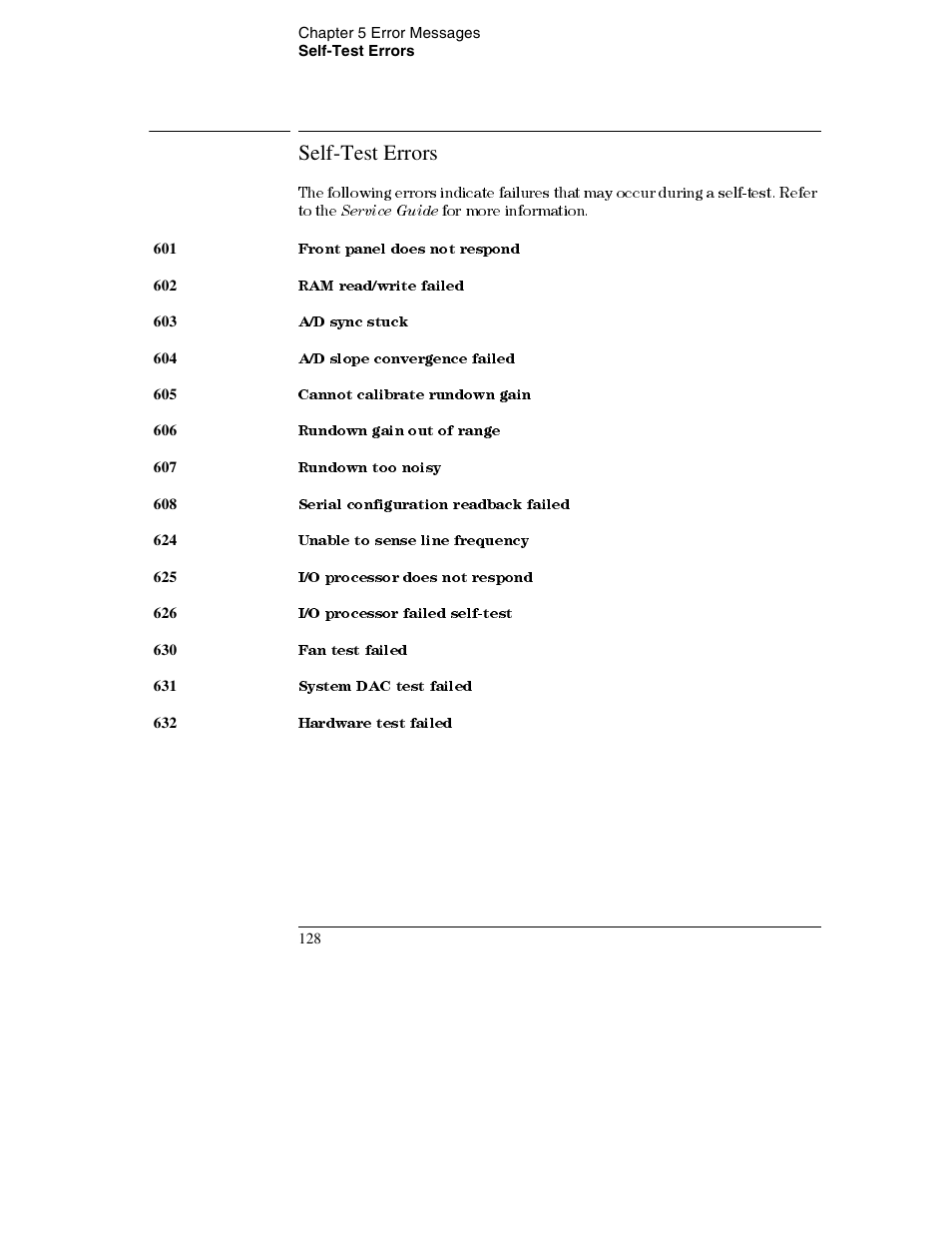 Self-test errors, Self-test errors 128, Service guide | Agilent Technologies E3632A User Manual | Page 131 / 172