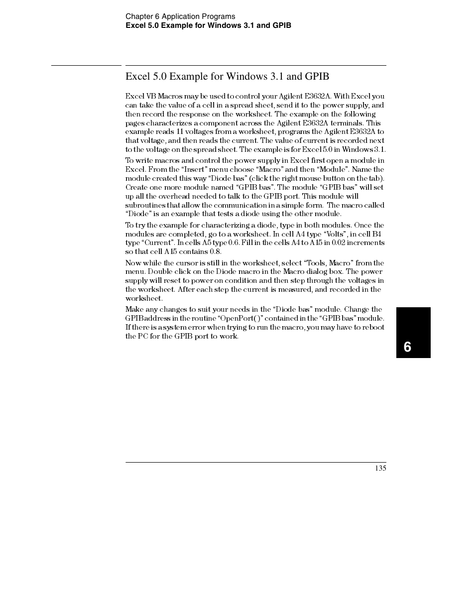 Excel 5.0 example for windows 3.1 and gpib, Excel 5.0 example for windows 3.1 and gpib 135 | Agilent Technologies E3632A User Manual | Page 138 / 172
