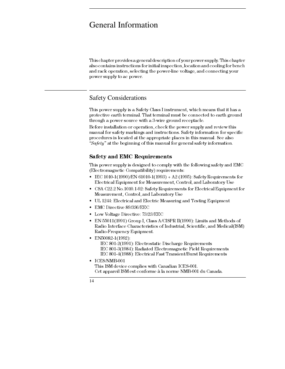 General information, Safety considerations, Safety considerations 14 | Safety and emc requirements 14, Safety and emc requirements | Agilent Technologies E3632A User Manual | Page 15 / 172