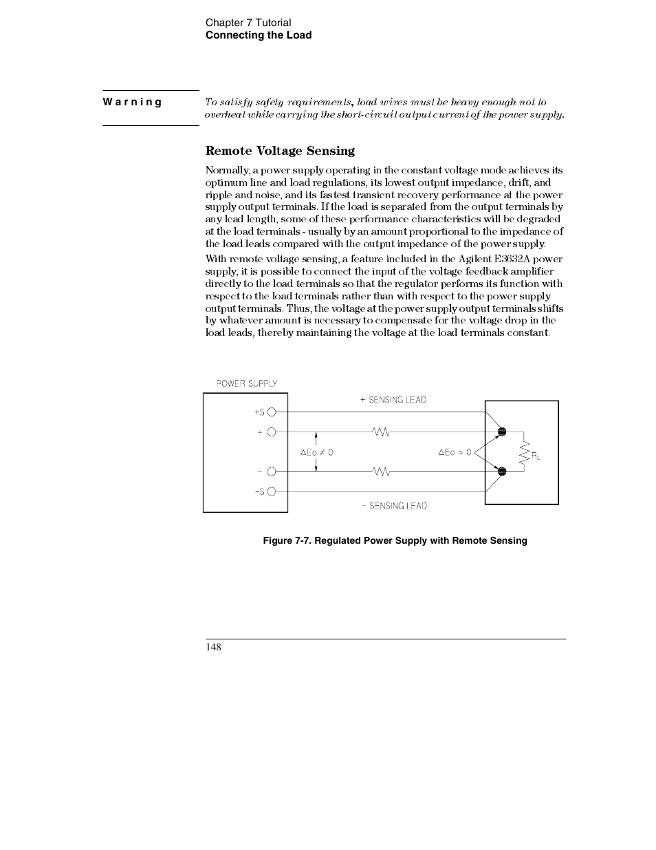 Warning, Remote voltage sensing, Remote voltage sensing 148 | Agilent Technologies E3632A User Manual | Page 151 / 172