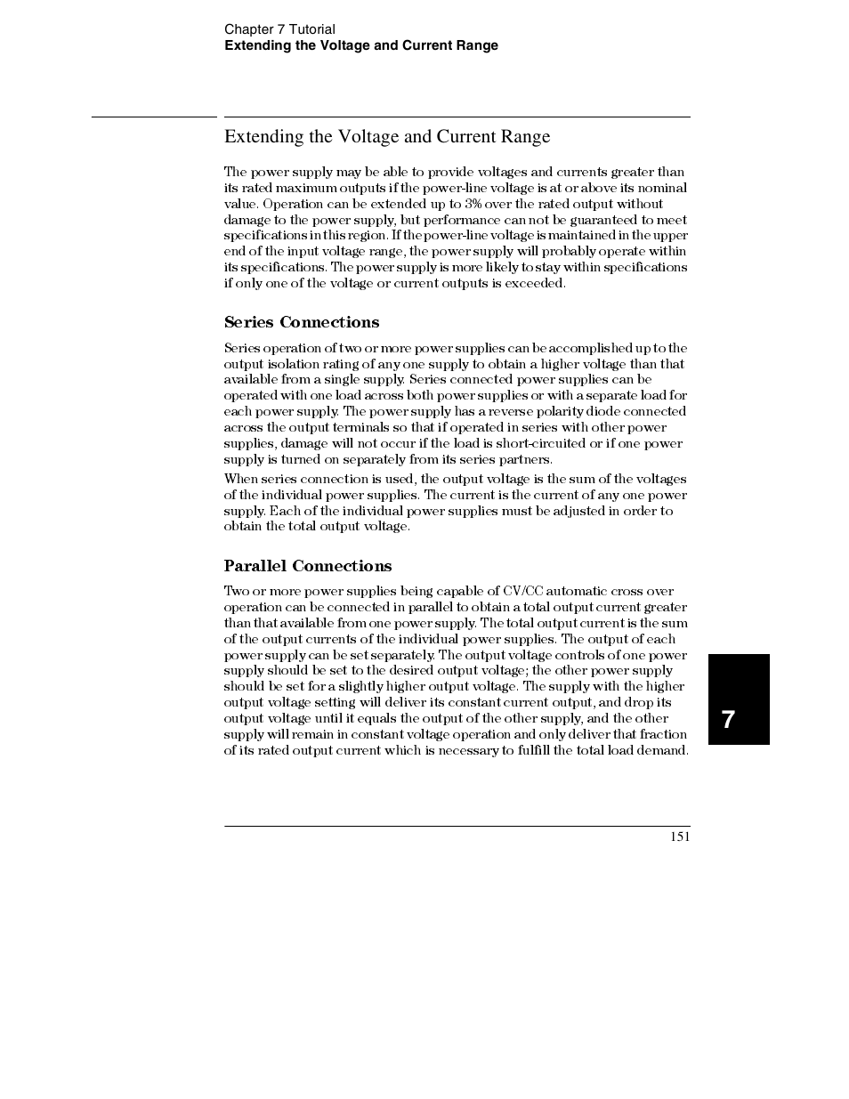 Extending the voltage and current range, Series connections, Parallel connections | Extending the voltage and current range 151, Series connections 151, Parallel connections 151 | Agilent Technologies E3632A User Manual | Page 154 / 172