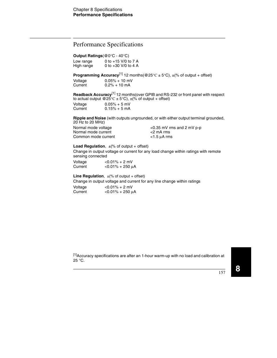 Performance specifications, Performance specifications 157 | Agilent Technologies E3632A User Manual | Page 160 / 172