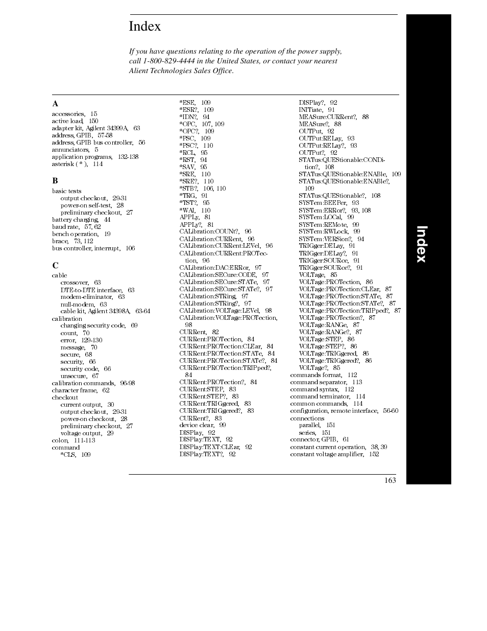 Index | Agilent Technologies E3632A User Manual | Page 166 / 172