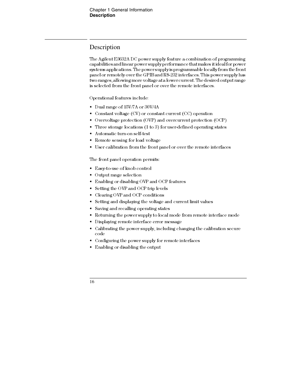 Description, Description 16 | Agilent Technologies E3632A User Manual | Page 17 / 172