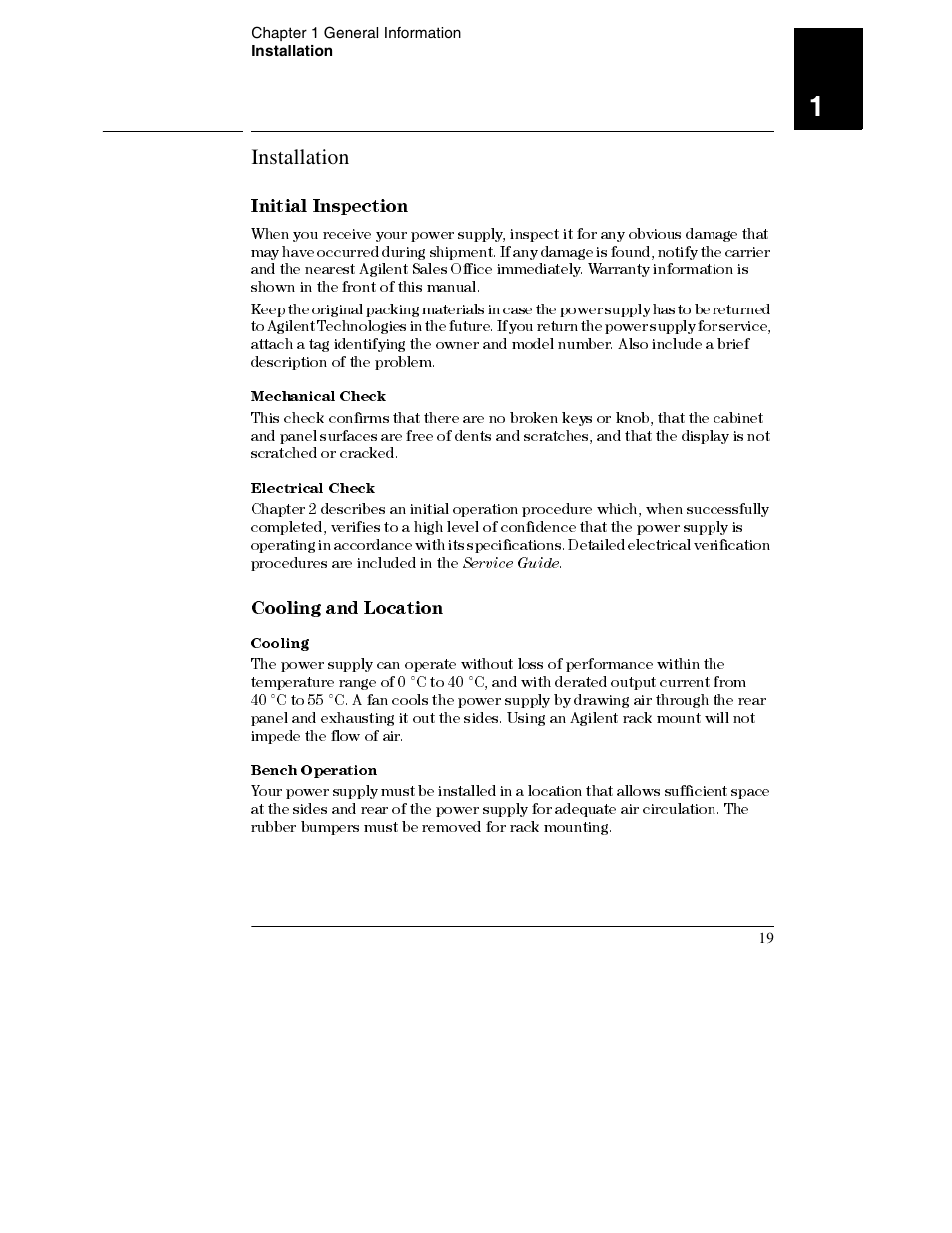 Installation, Mechanical check, Electrical check | Cooling, Bench operation, Installation 19, Initial inspection 19, Cooling and location 19, Initial inspection, Cooling and location | Agilent Technologies E3632A User Manual | Page 20 / 172