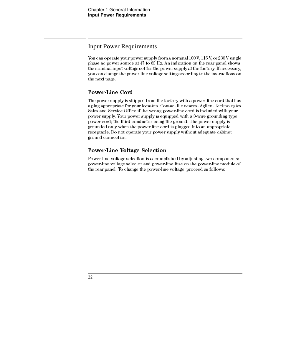 Input power requirements, Input power requirements 22, Power-line cord 22 | Power-line voltage selection 22, Power-line cord, Power-line voltage selection | Agilent Technologies E3632A User Manual | Page 23 / 172