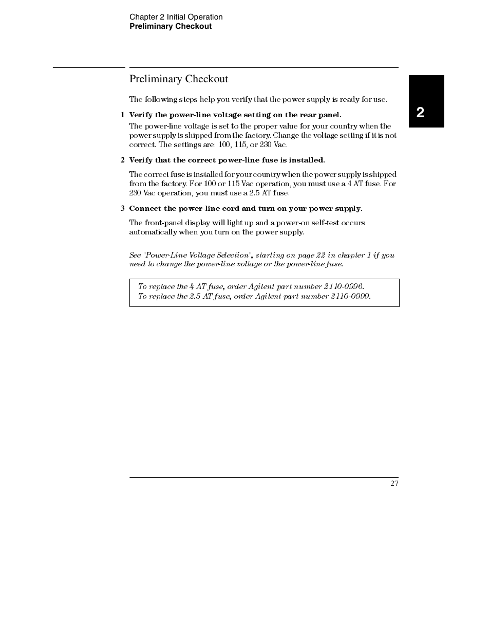 Preliminary checkout, Preliminary checkout 27 | Agilent Technologies E3632A User Manual | Page 29 / 172