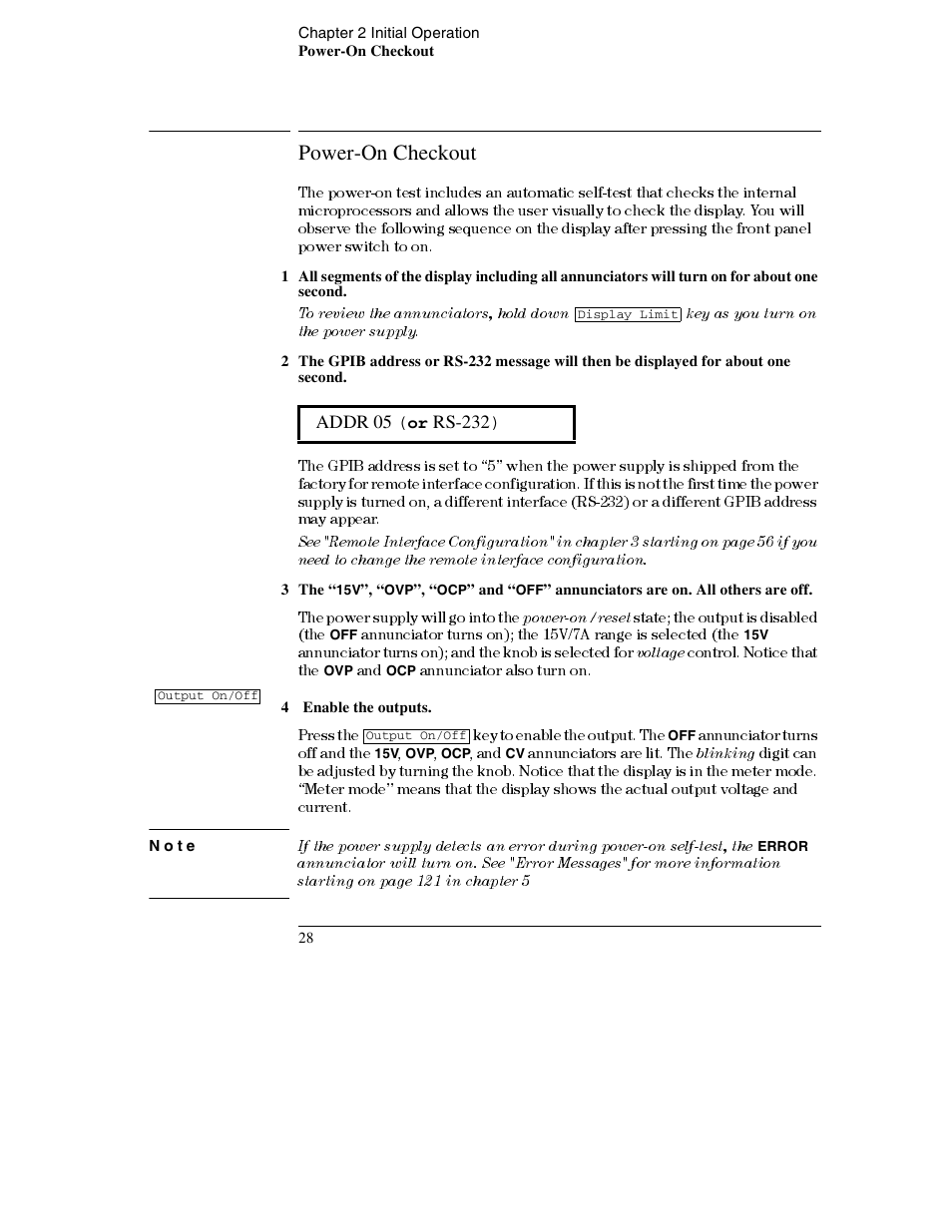 Power-on checkout, 4 enable the outputs, Note | Power-on checkout 28, Power-on / reset, Voltage, Blinking | Agilent Technologies E3632A User Manual | Page 30 / 172