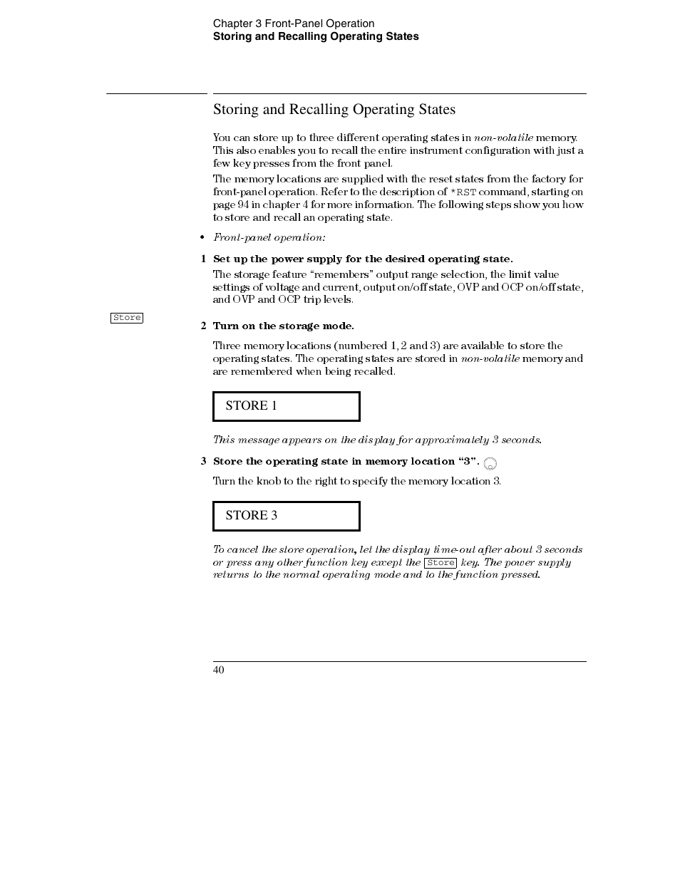 Storing and recalling operating states, 2 turn on the storage mode, 3 store the operating state in memory location “3 | Storing and recalling operating states 40 | Agilent Technologies E3632A User Manual | Page 42 / 172