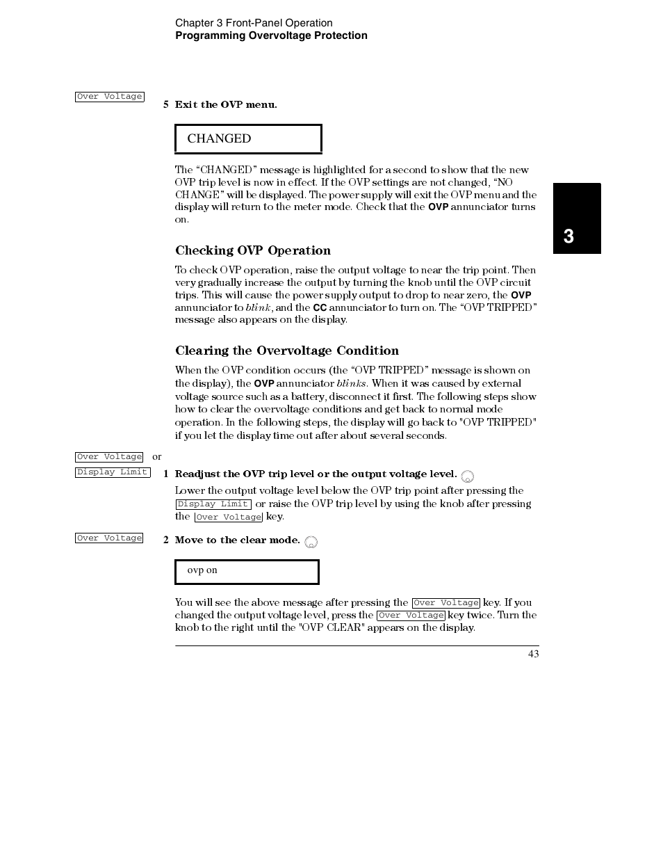 5 exit the ovp menu, 2 move to the clear mode, Checking ovp operation 43 | Clearing the overvoltage condition 43, Checking ovp operation, Clearing the overvoltage condition | Agilent Technologies E3632A User Manual | Page 45 / 172
