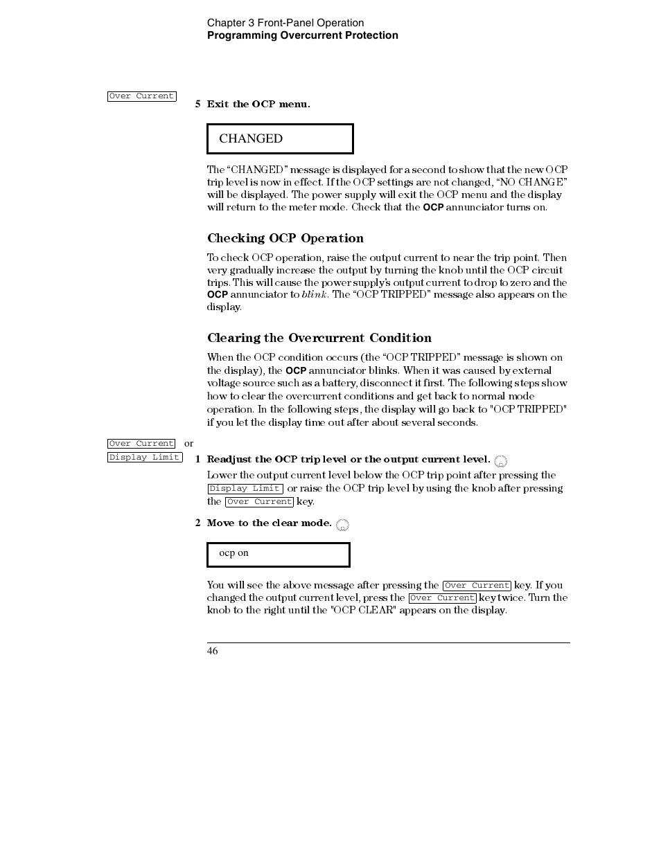 5 exit the ocp menu, 2 move to the clear mode, Checking ocp operation 46 | Clearing the overcurrent condition 46, Checking ocp operation, Clearing the overcurrent condition | Agilent Technologies E3632A User Manual | Page 48 / 172